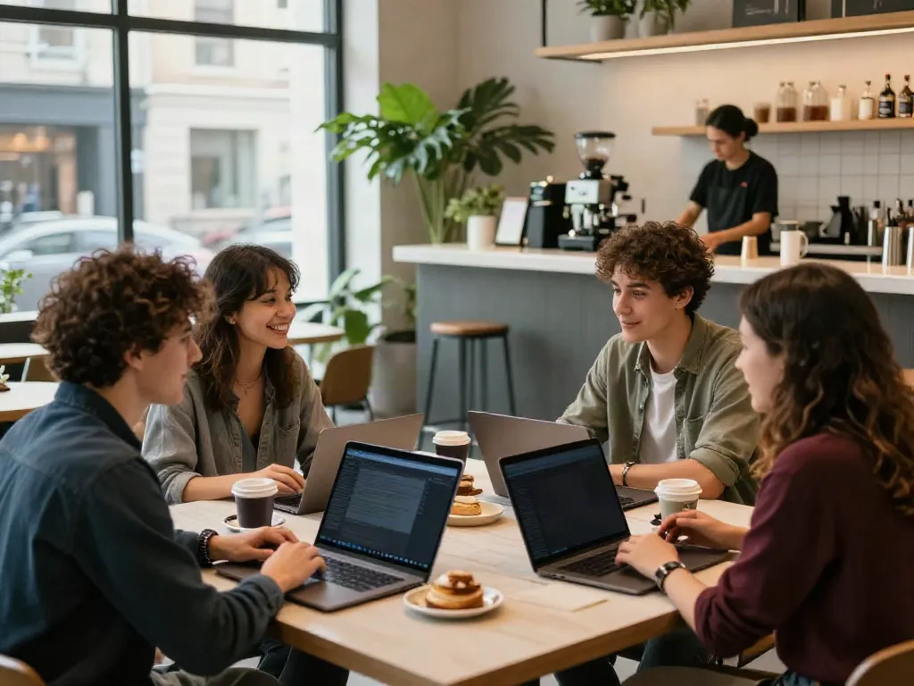 Engaging group enjoying coffee and conversation, capturing the essence of rokok88 link in a modern café setting.